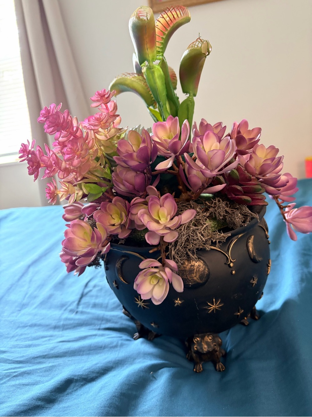 Handmade Witchy Triple Moon Cauldron Faux Succulent Venus Flytrap Decor